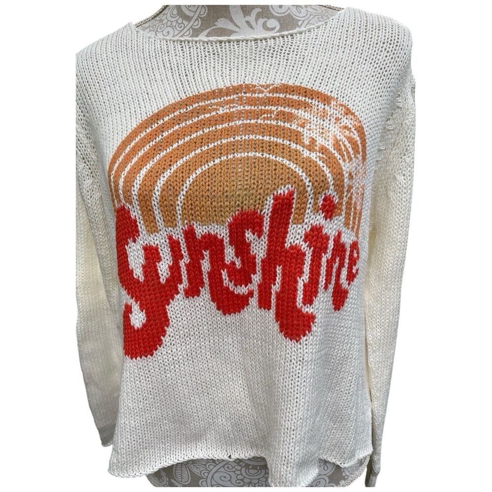 Coastal Sunshine Graphic Knit Sweater Wooden Ships Oversized Beach Boho XS